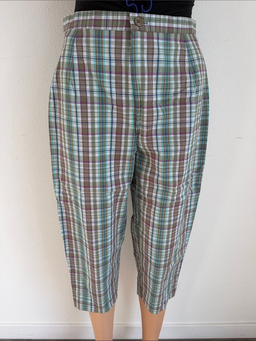 Vintage Plaid Cropped Women's Pants in Green & Blue